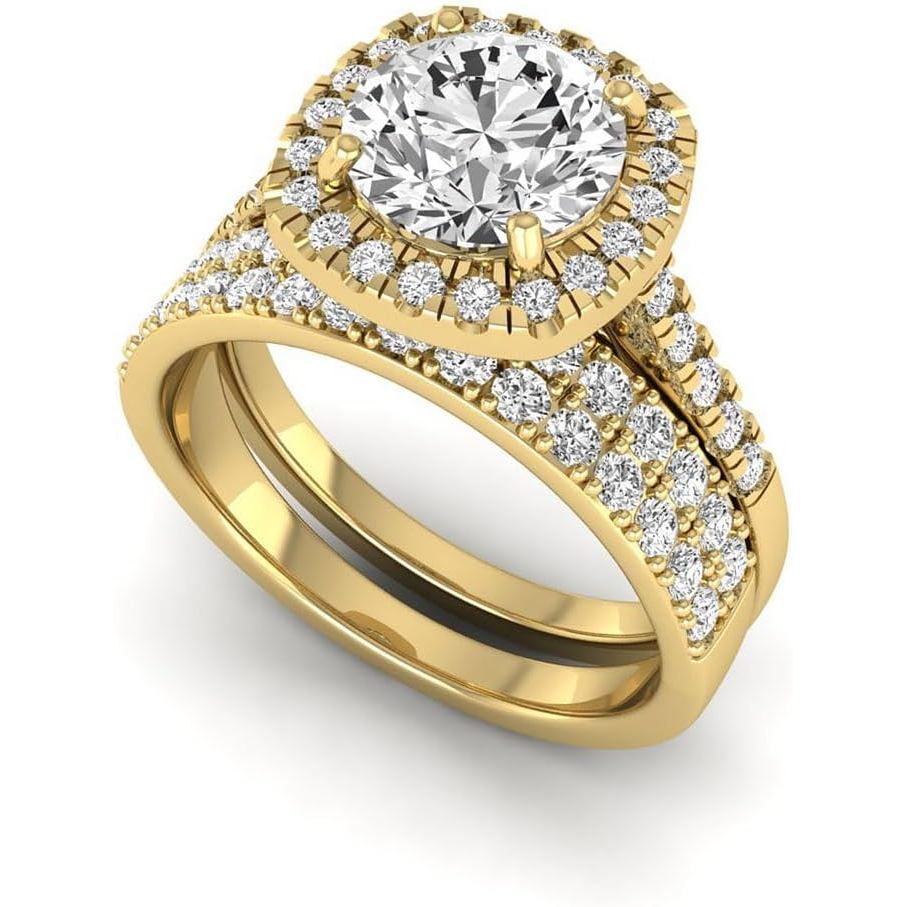 14K Gold 3.15 Carat Round Lab Grown Diamond (2 Ct, D, VVS2) Bộ nhẫn cưới hứa hẹn đính hôn hào quang 