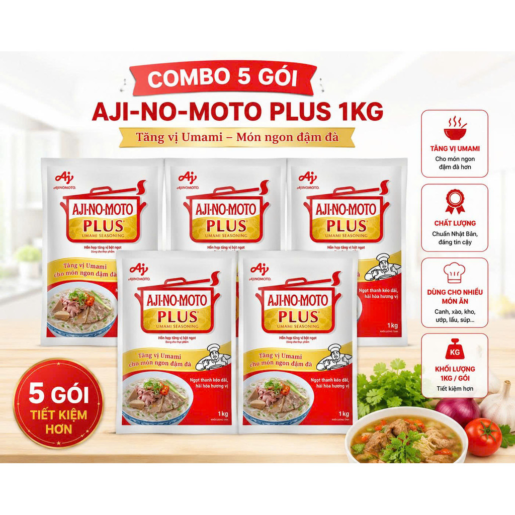 Chính Hãng Full VAT Combo 5 Gói Hỗn Hợp Tăng Vị Bột BỘT NGỌT AJINOMOTO PLUS 1kg Gói - Combo 5