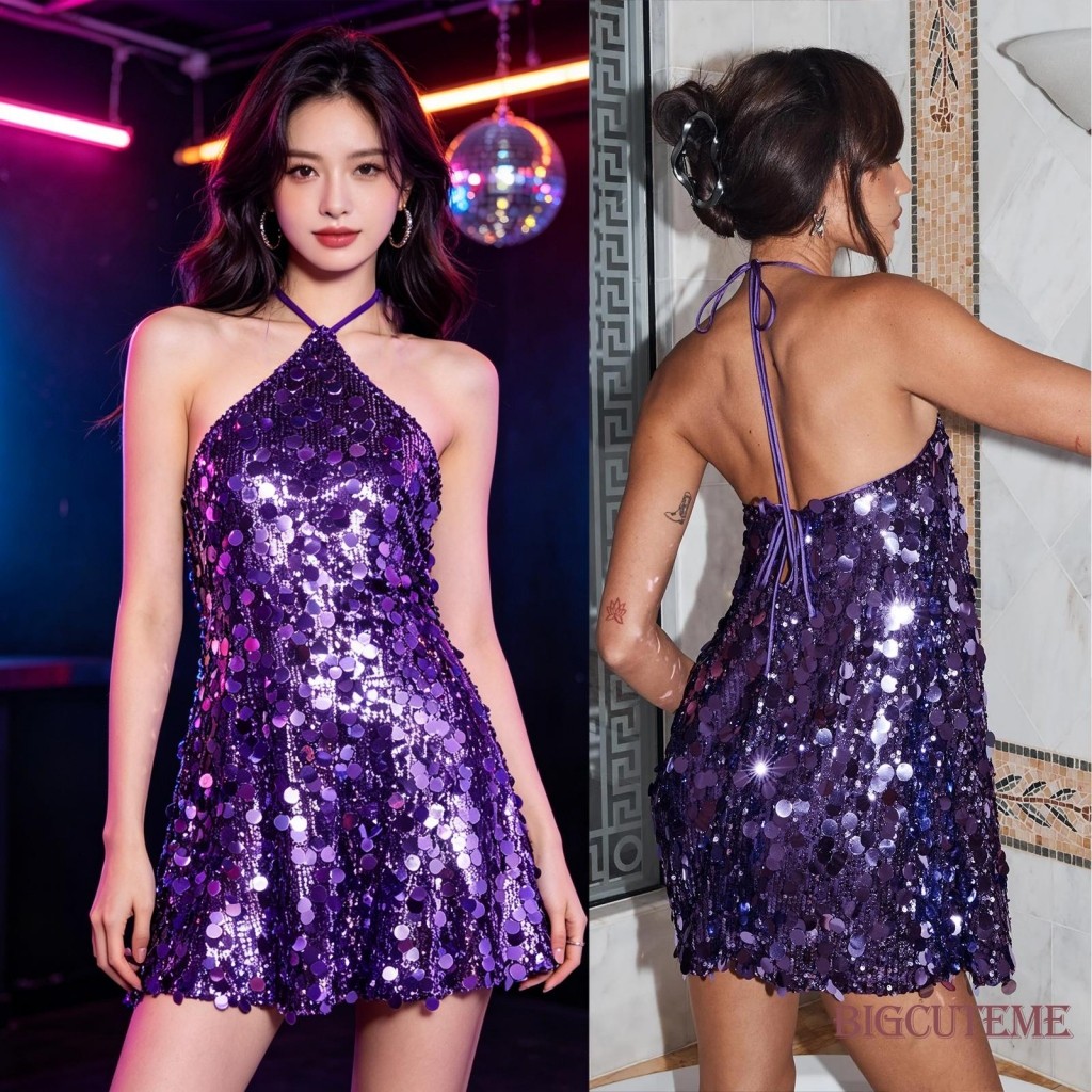 [] -Sparkly Sequin Halter Mini Dress Backless Tie Closure A-Line Silhouette Night Out Concert Wear