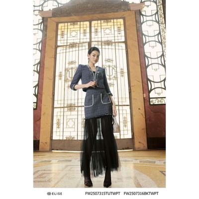 Chân váy tweed sợi kẻ phối lưới đen thiết kế Elise mã FW2507316BKTWPT
