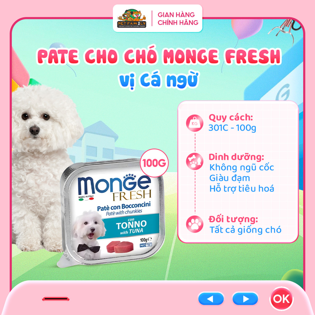 Pate cho chó MONGE FRESH 301C Vị cá ngừ - hộp 100g