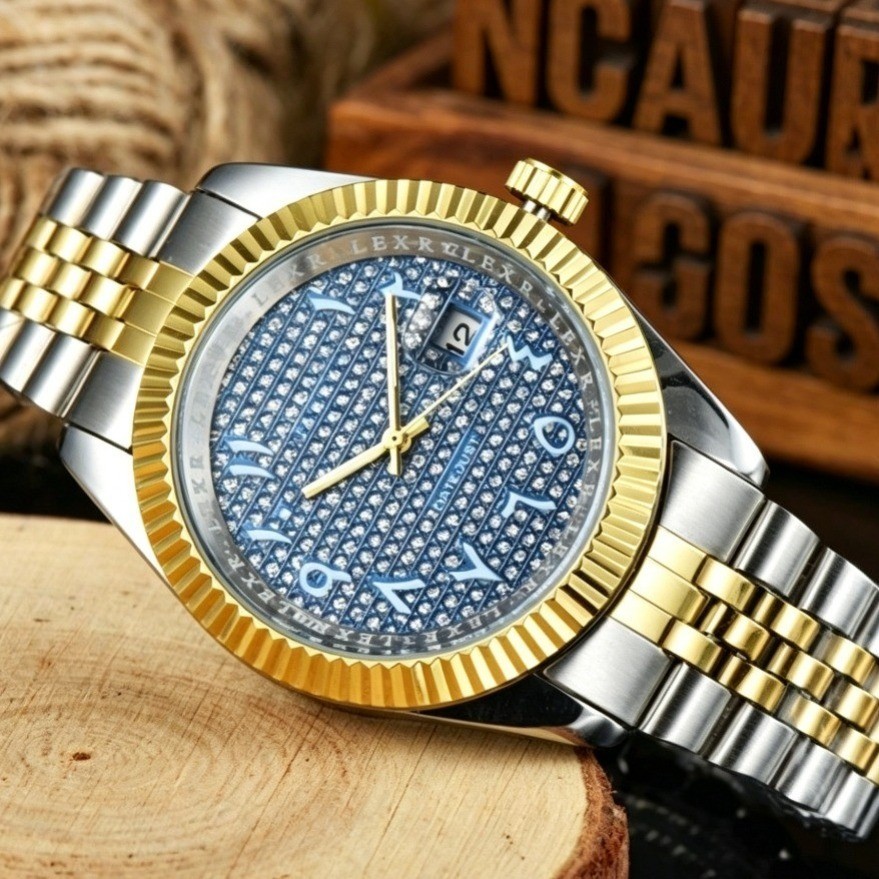 Sang Trọng Nam Iced Out Full Kim Cương Đồng Hồ Viền Viền Số La Mã Mặt Số Thép Không Gỉ Ngày Hip Hop 