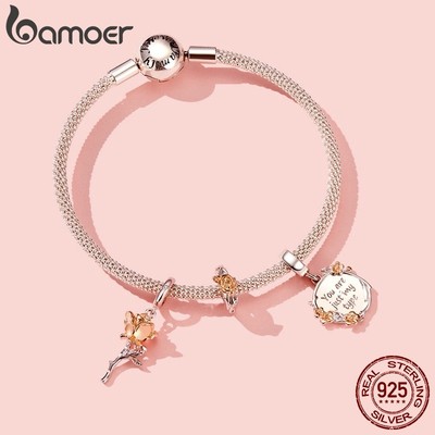 Hạt charm BAMOER BSC147 bằng bạc 925 hình bông hoa màu vàng hồng trang trí đồ trang sức