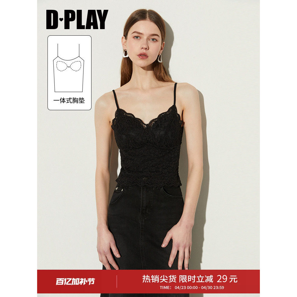 DPLAY [Huipin] Áo ngực ren cổ chữ V màu đen mùa thu Áo Vest một mảnh dành cho nữ