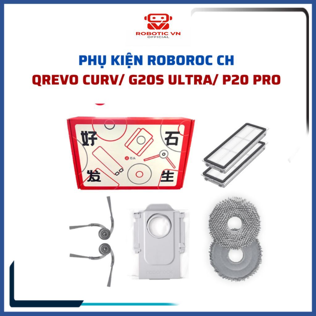 Bộ phụ kiện CH robot Roborock Qrevo Curv, QR798, P20 Pro khăn, lọc, chổi cạnh, túi rác (KCC)