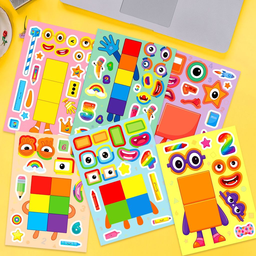 Mới 6 Tờ / gói Numberblocks Dán Trẻ Em Giáo Dục Sớm Xếp Hình DIY Sáng Tạo Handmade Xếp Hình Dán