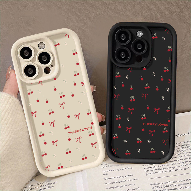 Ốp Lưng Cherry Loves iPhone 11/12/13/14/15/16/17 Pro Max Họa Tiết Cherry Dễ Thương, Nơ Đỏ, Màu Trong