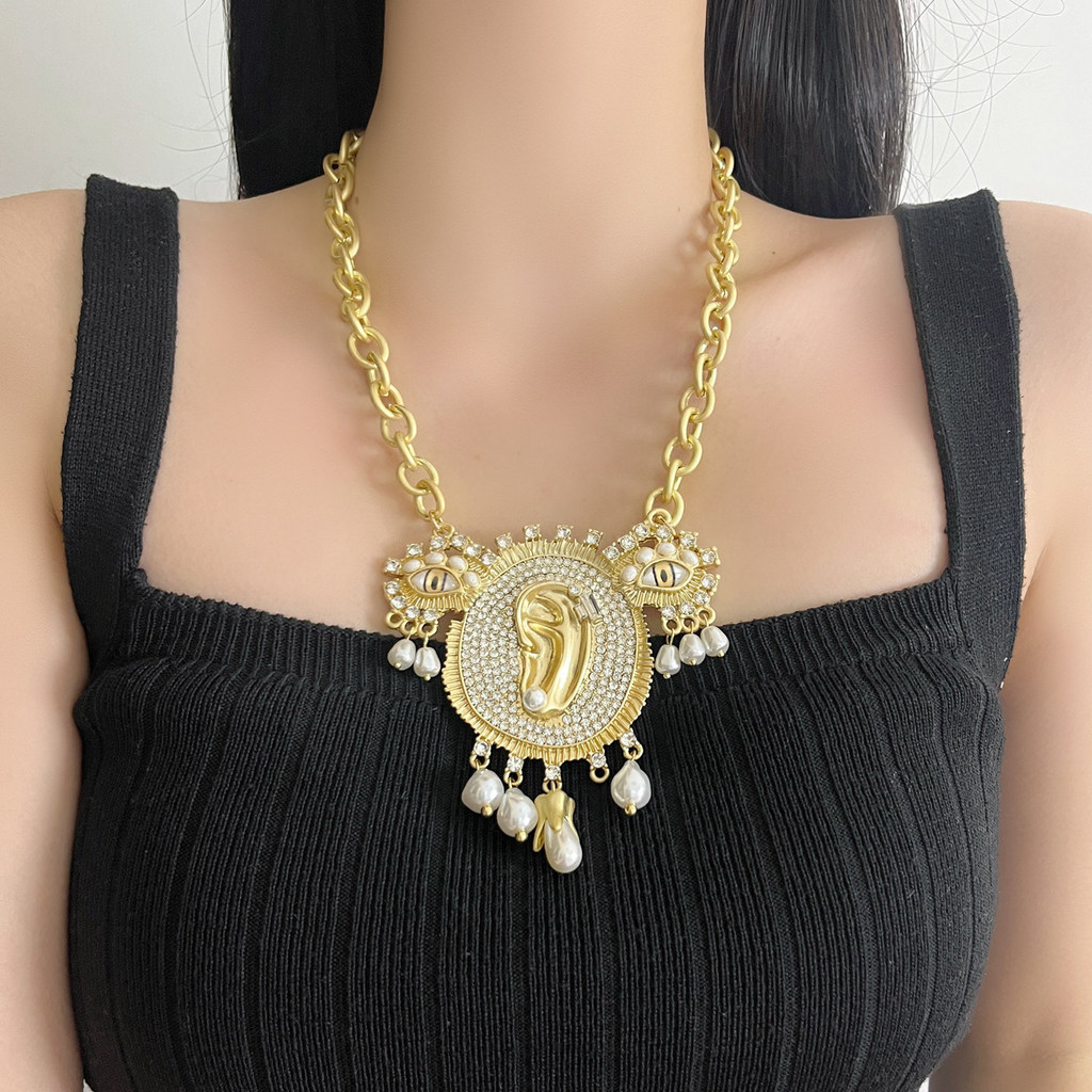 Evil Eye Pendant Necklace, Vintage Gold-Plated Thick Chain Clavicle Necklace
