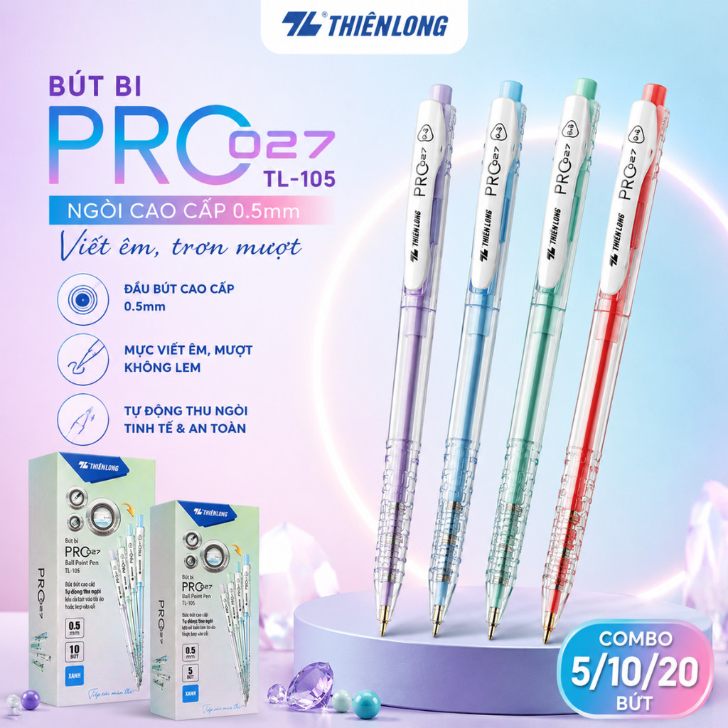 Combo 5/10/20 Bút Bi Thiên Long TL-105 Pro 027 Ngòi 0.5mm Bút Màu Pastel Thời Trang Tự Động Thu Ngòi