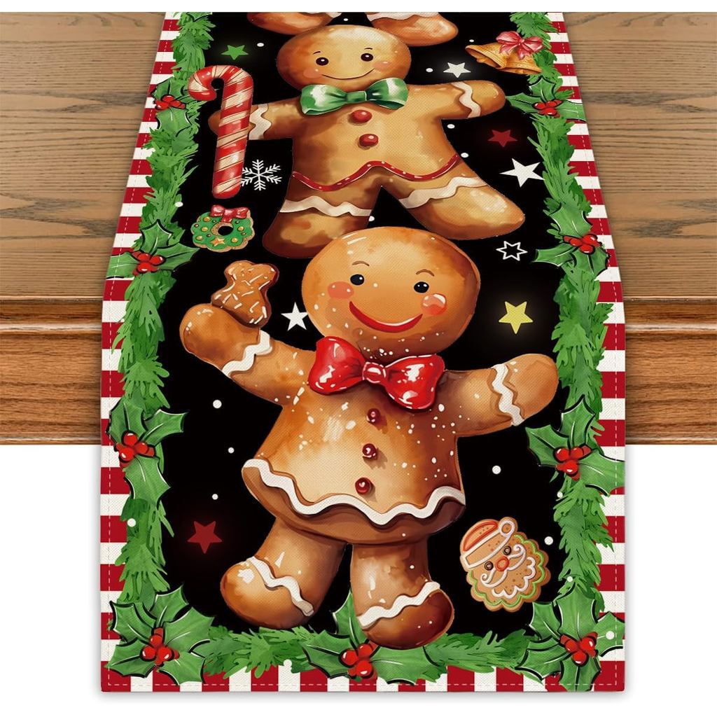 Christmas Gingerbread Man Table Runner - Candy Cane Gingerbread House Decor - Xmas Table Cover - Đồ 