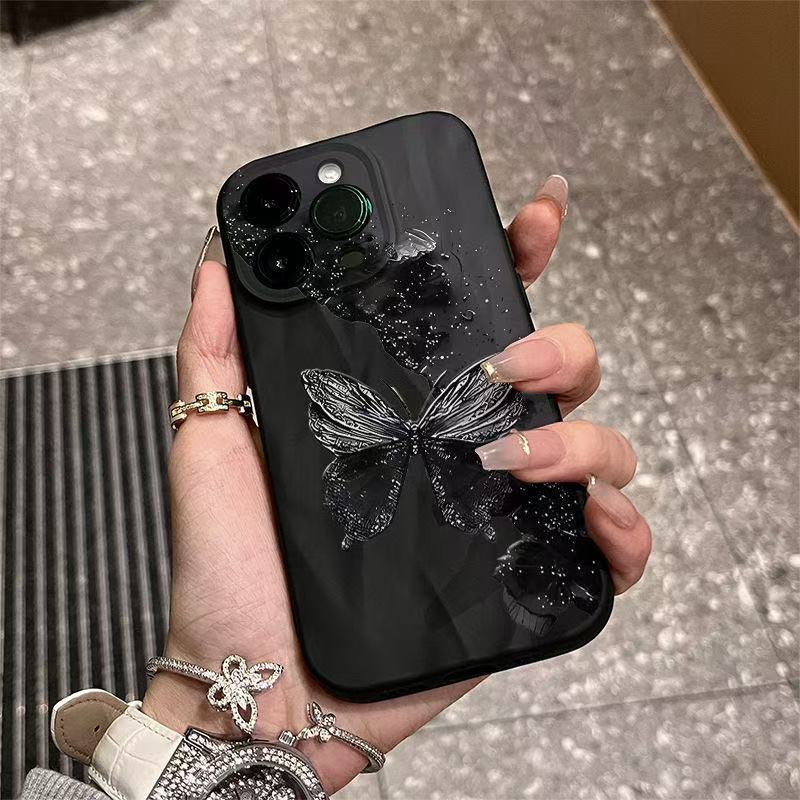 Ốp điện thoại iPhone15 phù hợp hình con bướm đen độc đáo 14plus Creative 12promax Xếp ly 11 chống số