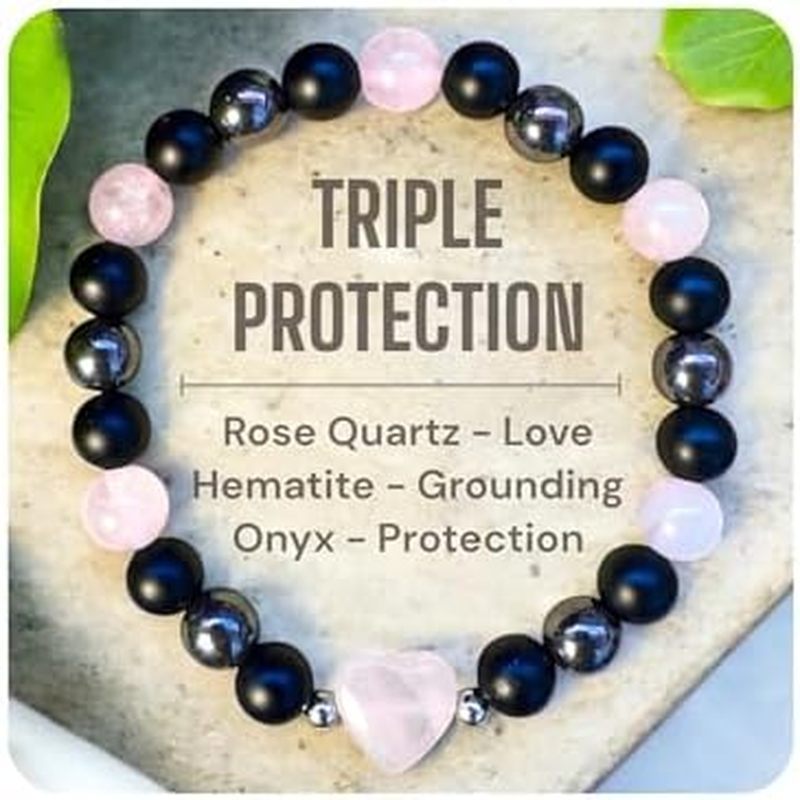 Heart Crystal Bracelet – Tiger Eye or Rose Quartz Center, Natural Gemstone Healing Beads for Women &
