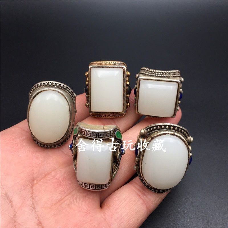 Bộ sưu tập cổ cổ cổ xưa triều đại nhà Thanh Ngọc cũ Giá đỡ nhẫn vuông Mặt nhẫn bạc dát mở Nhẫn bạc T