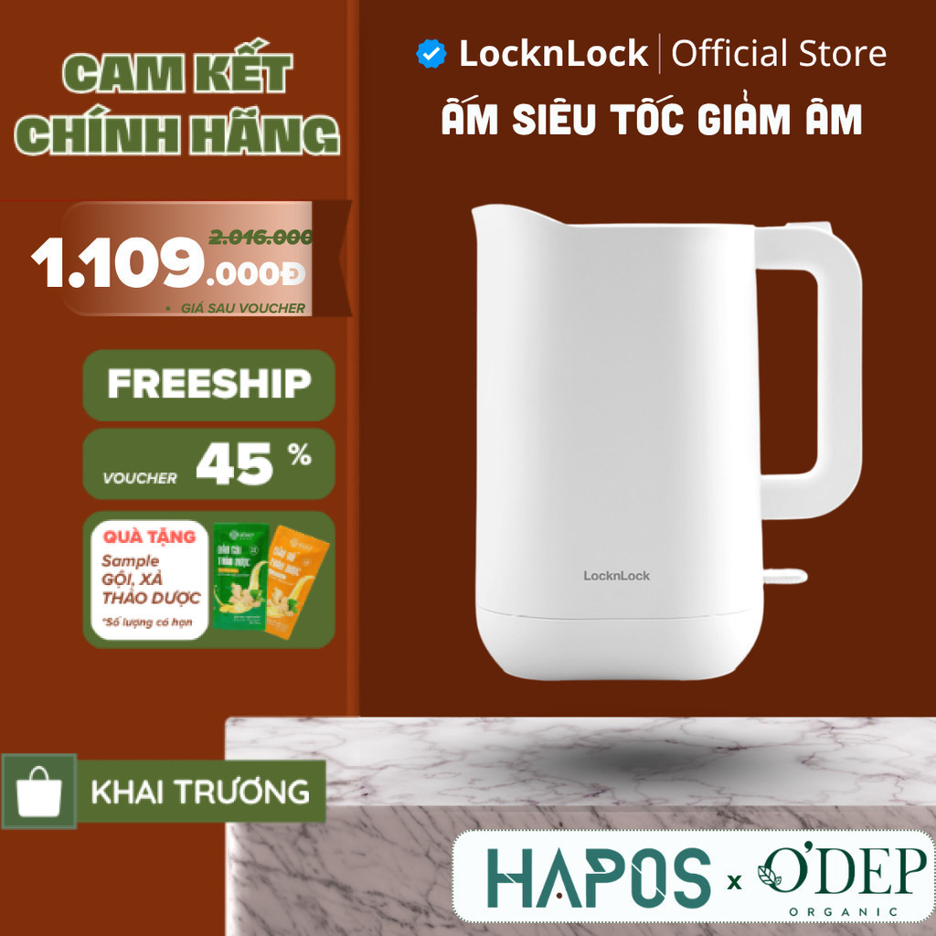 Ấm đun siêu tốc 1.2L giảm âm LocknLock Silent Electric Kettle - Màu trắng EJK216WHT - HAPOS LOF