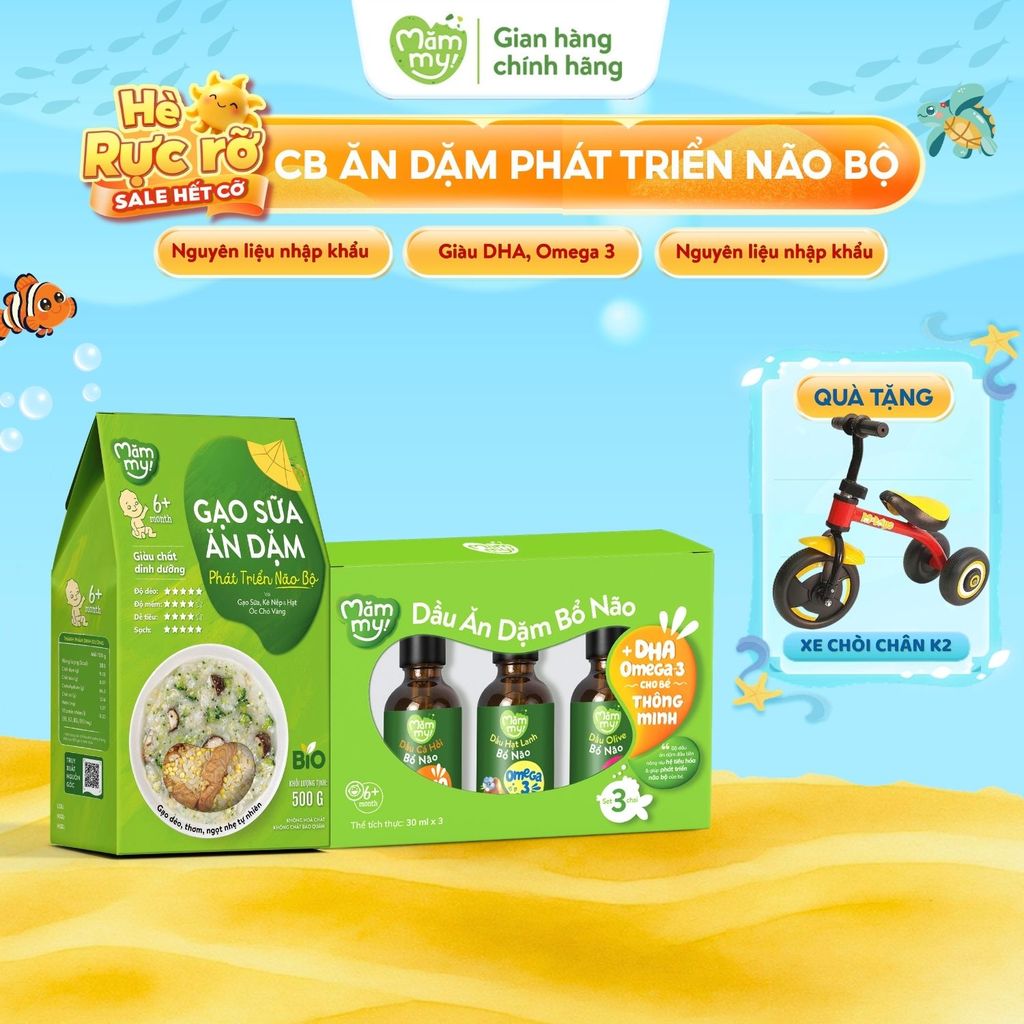 Combo Ăn Dặm Bổ Não: Set 3 dầu ăn dặm bổ não Mămmy chai 30ml, Gạo Sữa Ăn Dặm Phát Triển Não Bộ Mămmy