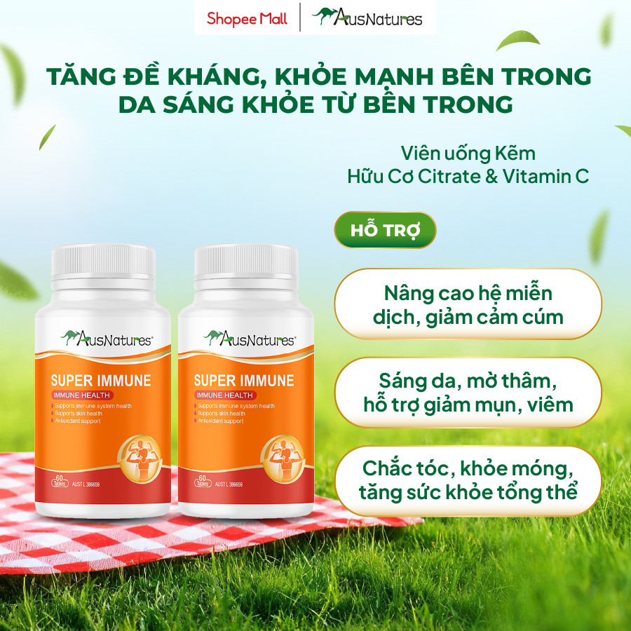 [COMBO 2 LỌ] Viên uống Kẽm và Vitamin C - AusNatures Super Immune - Tăng đề kháng, Đẹp da, Giảm mụn
