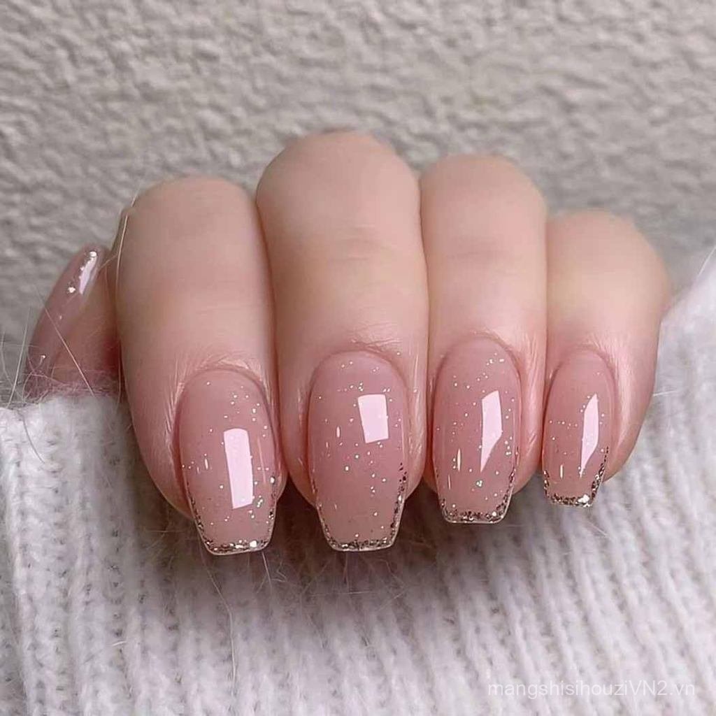 RikView Pink Press on Nails Medium Fake Nails with Glitter Design Coffin Nails Glossy Stick on Nails