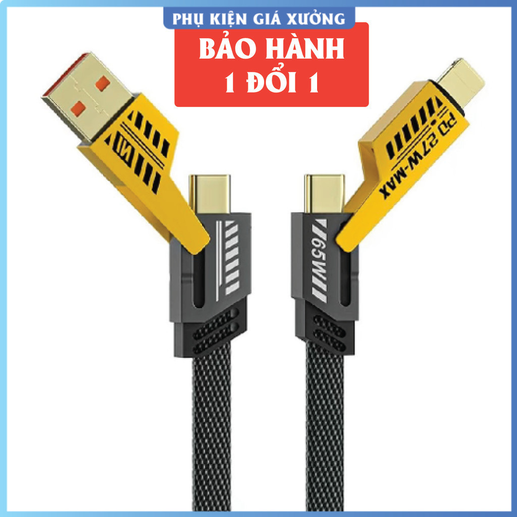 Cáp sạc 4in1, Dây sạc nhanh tối đa 65W. Dây dù, đầu cáp kim loại, chống gẫy - Dây sạc 4 in 1.