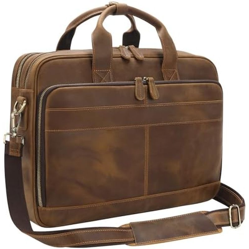 Jack&Chris Full Grain Leather Briefcase for Men, Business Messenger Bag Laptop Bag Attache Case, Fit