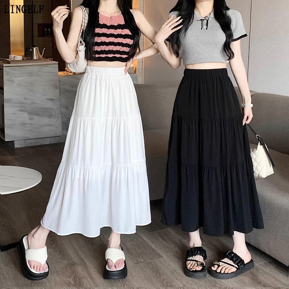 Váy dài LINGELLF Maxi chữ A lưng co giãn, style boho xếp ly thời trang 2024