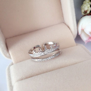 【Ready Stock】 Openning Silver Ring Crown Double Layer Diamond-Studded Ring Sterling Silver Ornament 