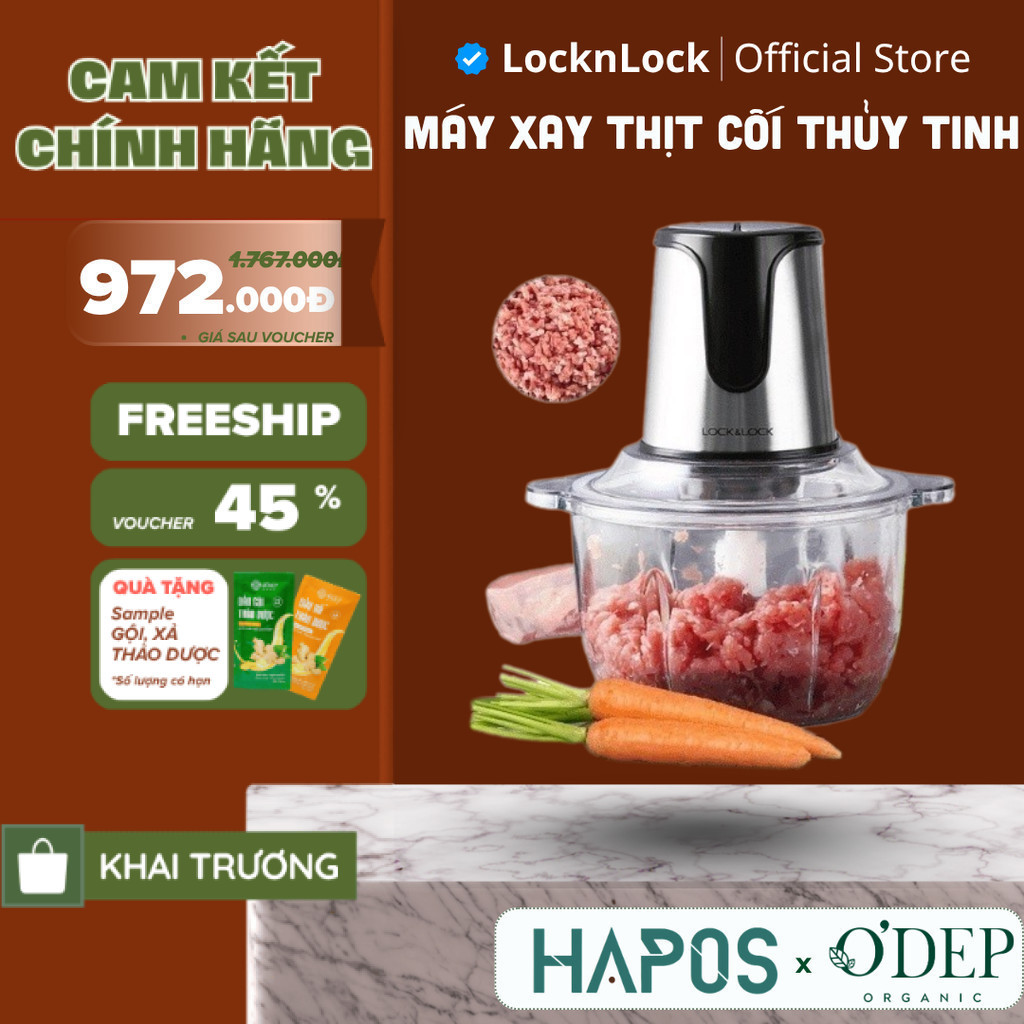 Máy xay thịt LocknLock đa năng 2L cối thủy tinh, công suất lớn, 4 lưỡi dao, làm giò chả gia đình EJM