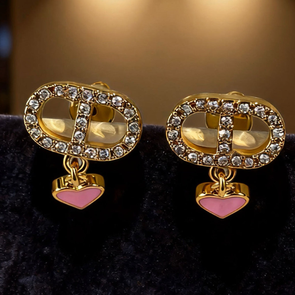25New letter-shaped pink diamond silver white diamond gold elegant full-diamond earrings, fashionabl