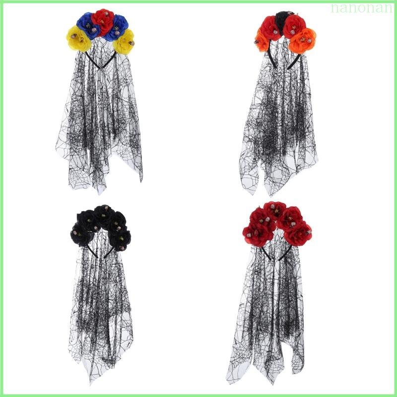 Nan Skull Headband Goth Flower Crowns Halloween Flower Headband Goth Spider Veil