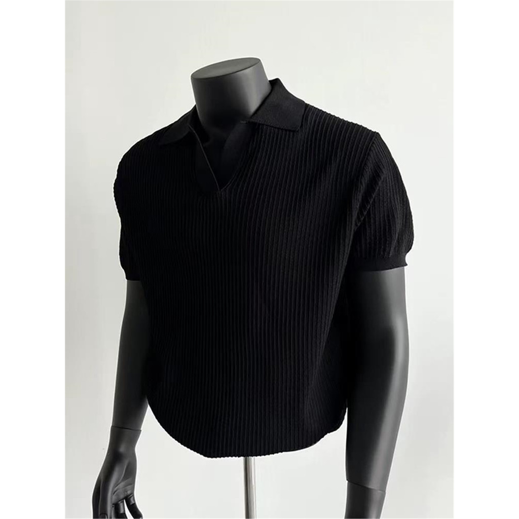 Cũ Phong Cách Tiền Đen Dệt Kim Áo polo Ngắn Tay Nam Mùa Hè boxy Puffer Đẹp Trai Nhỏ Cổ Chữ v Rời Nửa