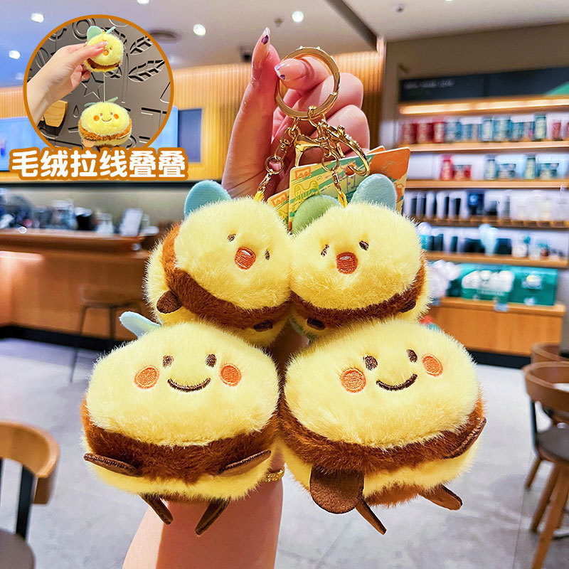 【Ready Stock】 Creative Cartoon Plush Cable Stacked Little Bee Keychain Cute Pull Doll Couple Bag Pen
