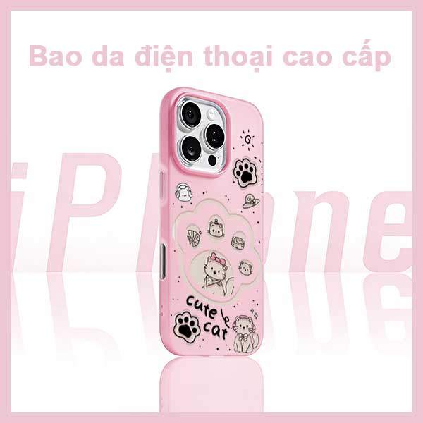Ốp Lưng iPhone Mèo Dễ Thương Nơ Hồng  iP 11/12/13/14/15/16/17/Plus/Pro/Max