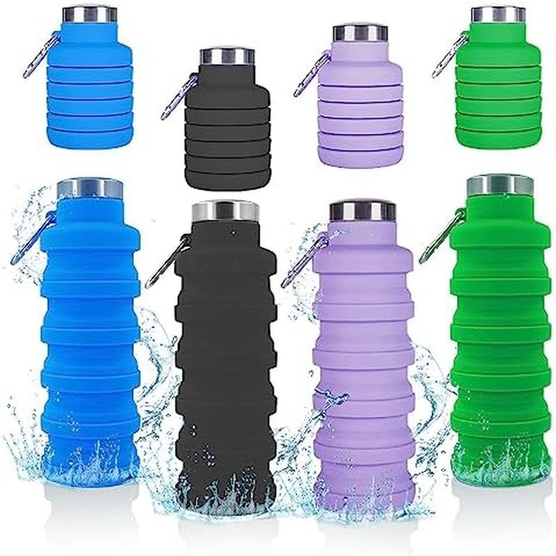 Collapsible Water Bottle,4 Pcs BPA Free Reuseable Silicone Foldable Leakproof 16oz Water Bottles,Por