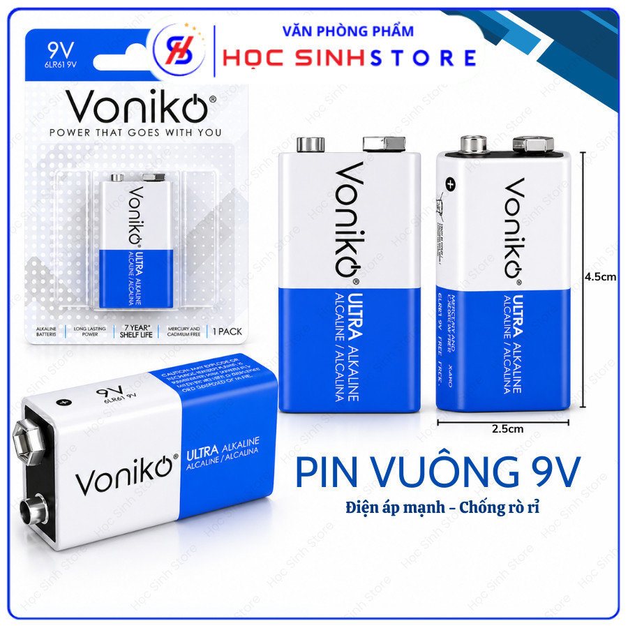 Pin Kiềm Vuông 6LR61 Điện Áp 9V Hiệu Voniko Chính Hãng Cao Cấp, Chống Rò Rỉ, Thời Gian Lưu Trữ Dài