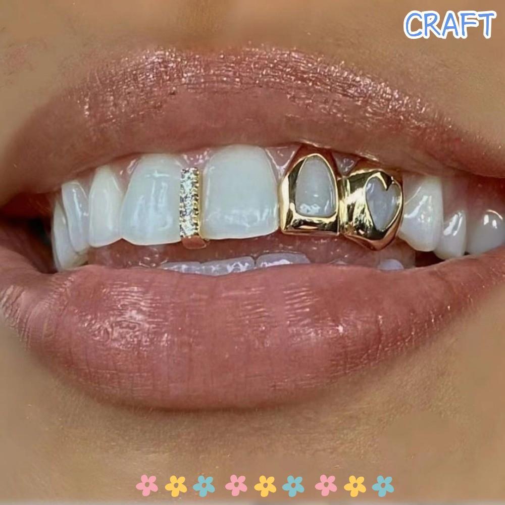 CRAFT Hip Hop Răng Grillz, Trái Tim Rỗng Màu Vàng Grillz, Đồng Sáng Bóng Đôi Trái Tim Răng Mũ Trang 