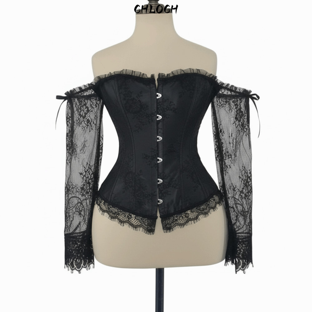 CHLOCH Corset Top, Dây Đeo Vai Dài Tay Nữ Court Corset, Đen Đỏ Phối Ren Hoa Overbust Ren Corset Phục