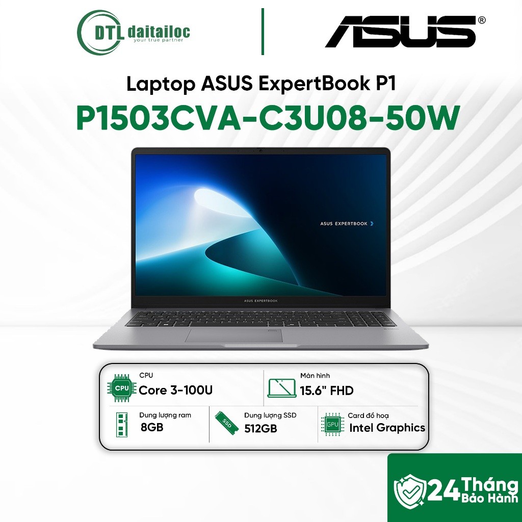 Laptop ASUS ExpertBook P1 P1503CVA-C3U08-50W Core 3-100U 8GB 512GB SSD 15.6" FHD Win 11 Xám (Misty G