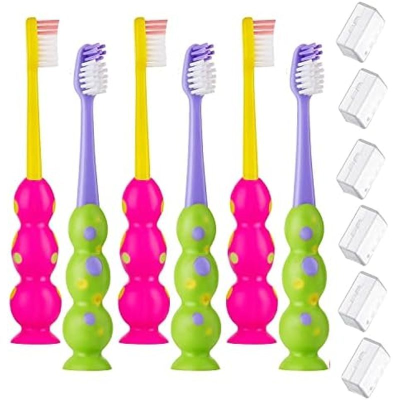 Kids Toothbrush 4 Pack - Soft Bristles with Suction Cup - Toothbrush Kids, Child Sized Brush Heads, 