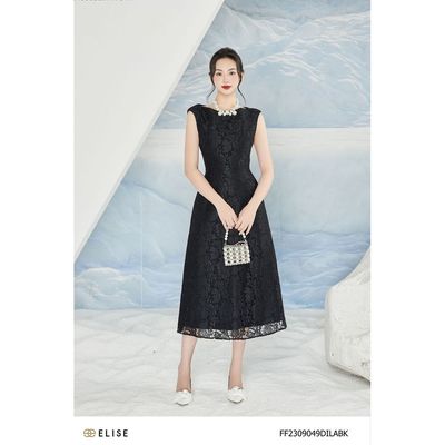 Đầm ren hoa đen sát nách đính hoa thiết kế Elise FF2309049DILABK