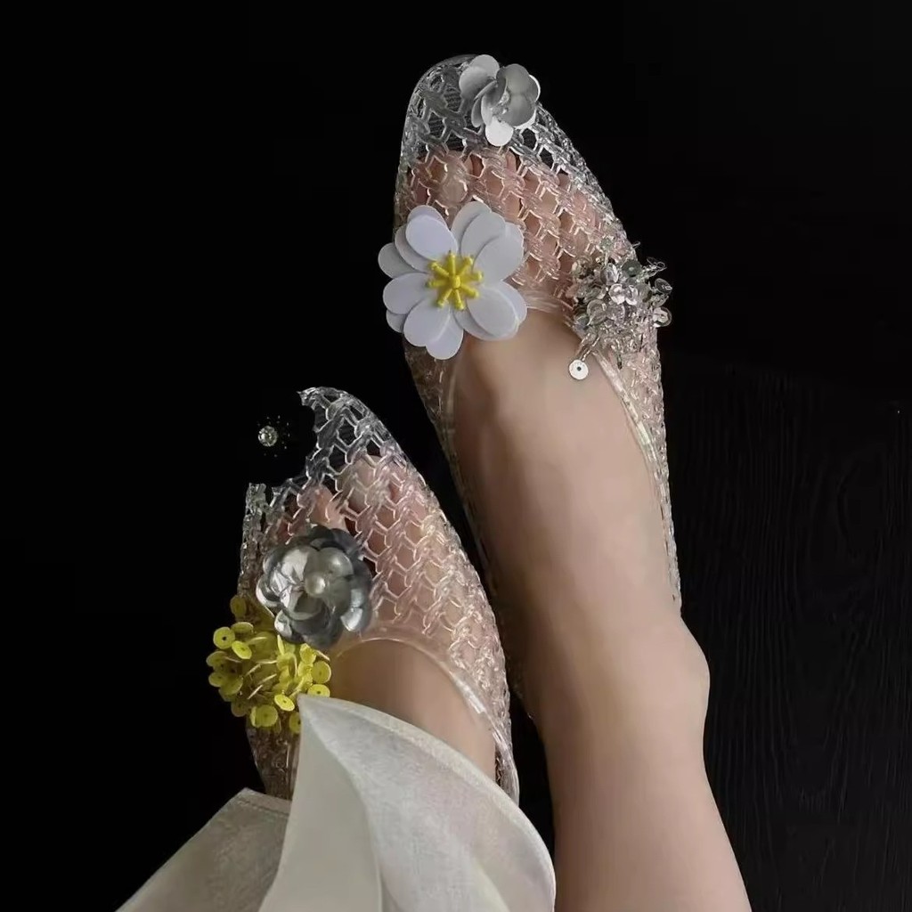 Pointed-toe breathable flat shoes for women, versatile transparent shoes, crystal shoes, hollow-out 