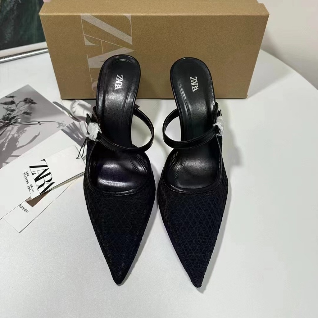 ZARA 2025New summer versatile women's shoes, mesh high heels with thin heels, shallow open-back desi