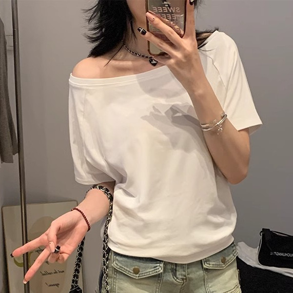 【Ready Stock】 White Solid Color Sloping-Shoulder off the-Shoulder Short-Sleeved T-shirt for Women 20