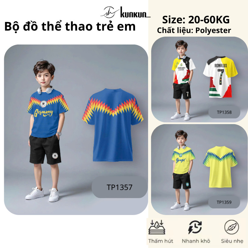 Đồ Bộ Thể Thao Bé Trai In 3D CLB Cao Cấp, Bóng Đá TP1355-TP1359 | KunKun Kids