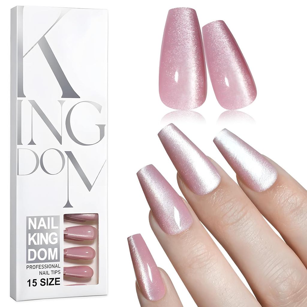 Cat Eye Press On Nails Long Coffin Fake Nails Kit Pink Cat Eye Nails Press on, Glossy Acrylic Nails 