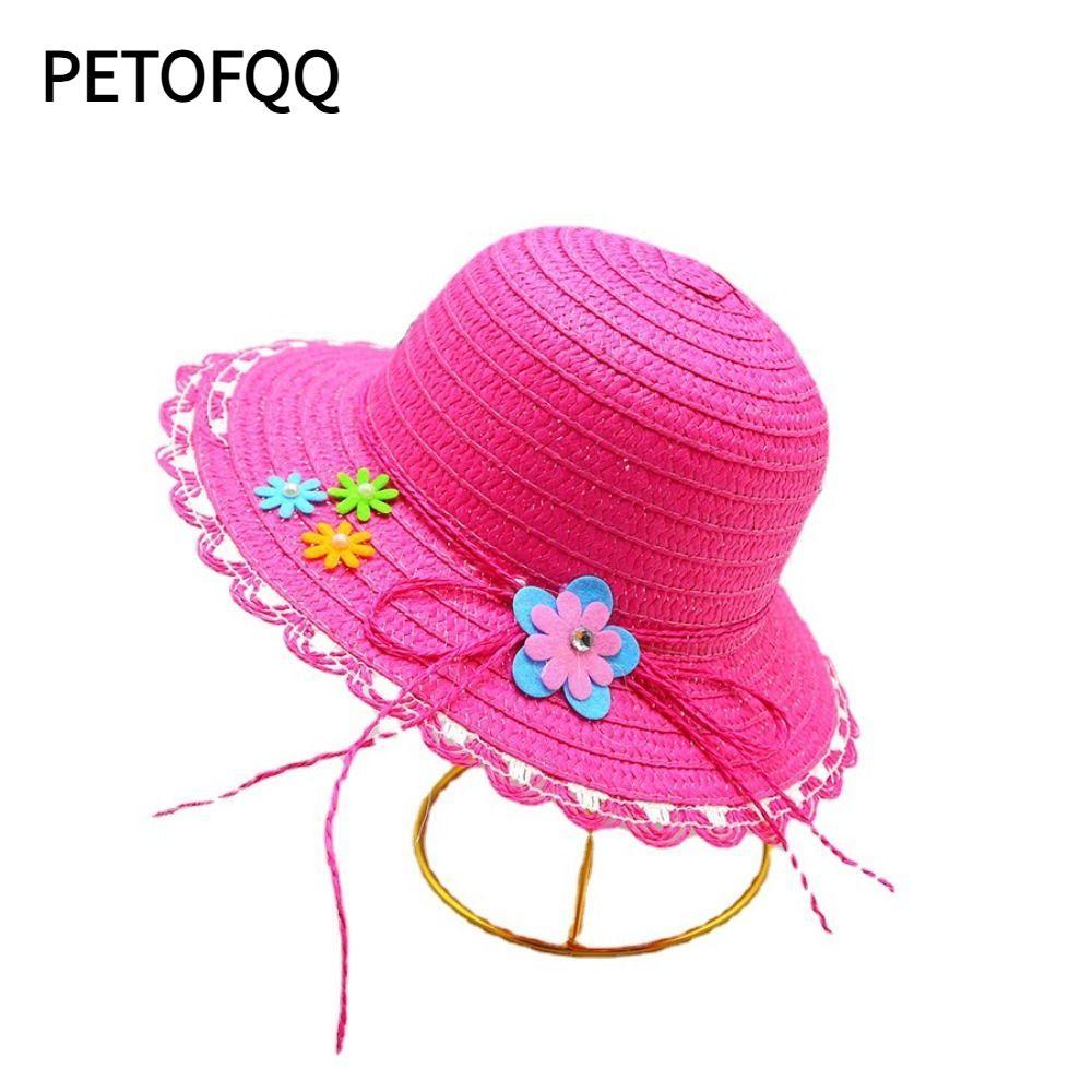 Mũ Rơm PETOFQQ, Mũ Chống Nắng Vành Rộng Handmade, Mũ Xô Trang Trí Hoa 3-7Year Ngọt Ngào Du Lịch