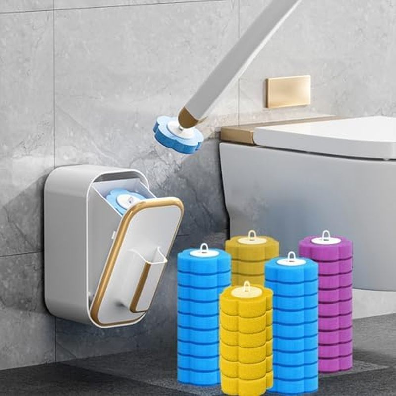 Disposable Toilet Brush with 48 Refill Heads and Holder– Includes Storage Caddy&Toilet Bowl Wand, Wa