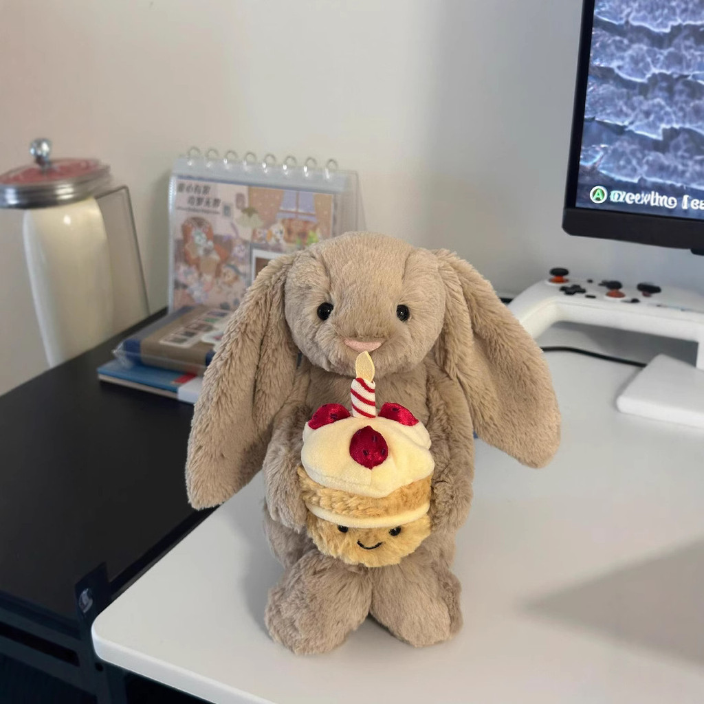 Shy Bonnie Rabbit holding a birthday cake, birthday cake, rabbit holding peony flowers, Bonnie Rabbi