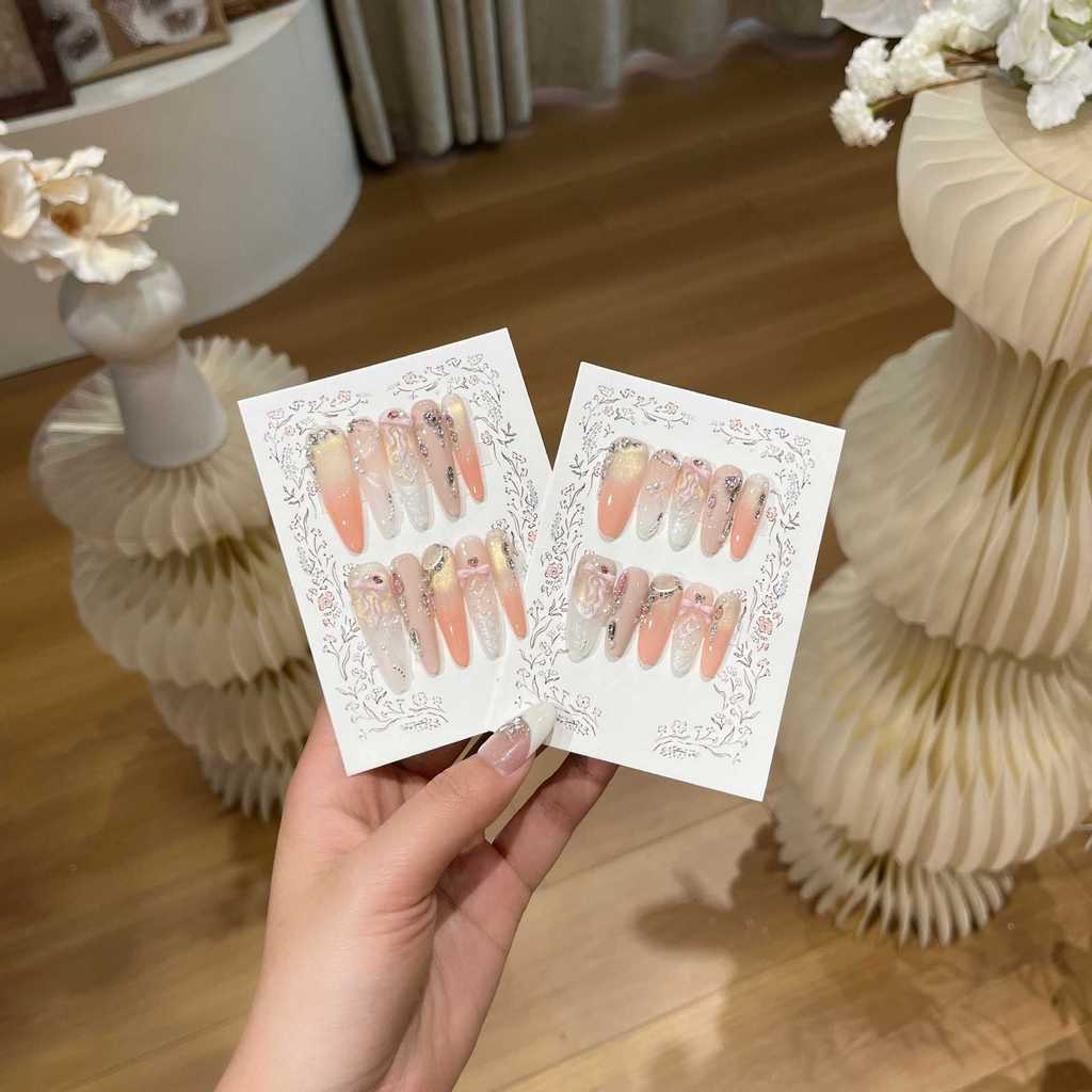 [Mengli] Dream Fairy Feeling Pink Golden Cat 's Eye Peach Pink Milky White Gradient Bow Wearing Nail