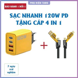 Củ sạc nhanh 4 cổng, 120W: 2 cổng Type C + 2 cổng USB - Tặng cáp sạc nhanh 4 in 1 - Sạc Nhiều Thiết Bị Cùng Lúc
