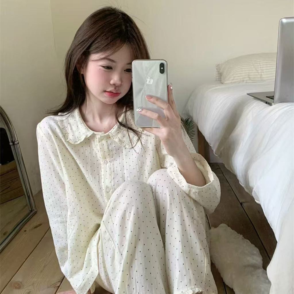 Yello Pot Đồ Ngủ Người Phụ Nữ Mây Cotton Dài Tay Quần Bộ Đồ Ngủ