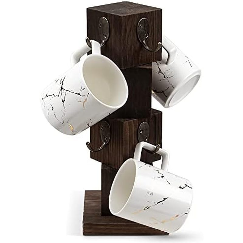 PUERSI Coffee Mug Holder for Counter, Rustic Solid Wood Mug Tree, Farmhouse Wooden Coffee Cup Rack w
